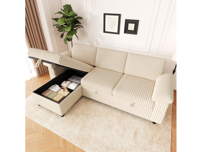  Canapé d’angle convertible modenvie réversible avec coffre, dossier réglable, usb et type-c, velours côtelé beige 214 x 138,5 x 89 cm  - Conforama D