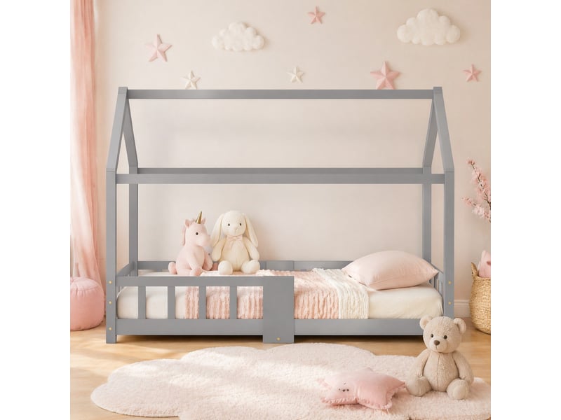  Lit cabane enfant 90x200 cm gris avec tableau et barrière de protection  - Conforama C