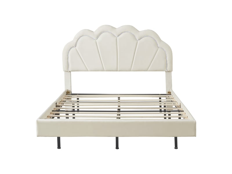  Lit double 140x200 cm, lit enfant avec tête de led réglable et sommier à lattes, lit flottant design forme couronne pour adolescents, velours, beige  - Conforama W