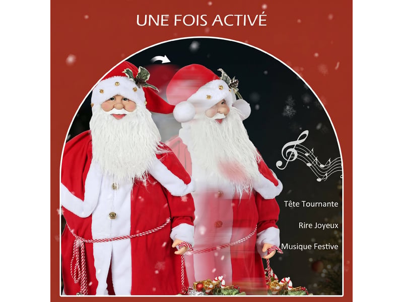  Figurine de père noël, debout de père noël rouge traditionnelle avec sac de cadeaux, effets sonores et cloche 140 cm  - Conforama E