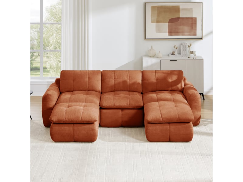 Canapé d'angle en u 3 places sans cadre, canapé modulaire, housse chenille douce, mousse 32d, sans montage, 2 poufs, orange - Conforama B