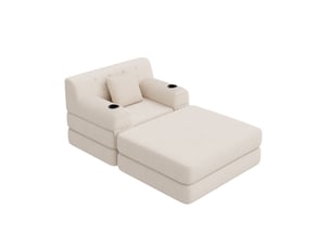 Fauteuil-lit 1 place en velours côtelé beige avec 4 poches et 2 porte-gobelets