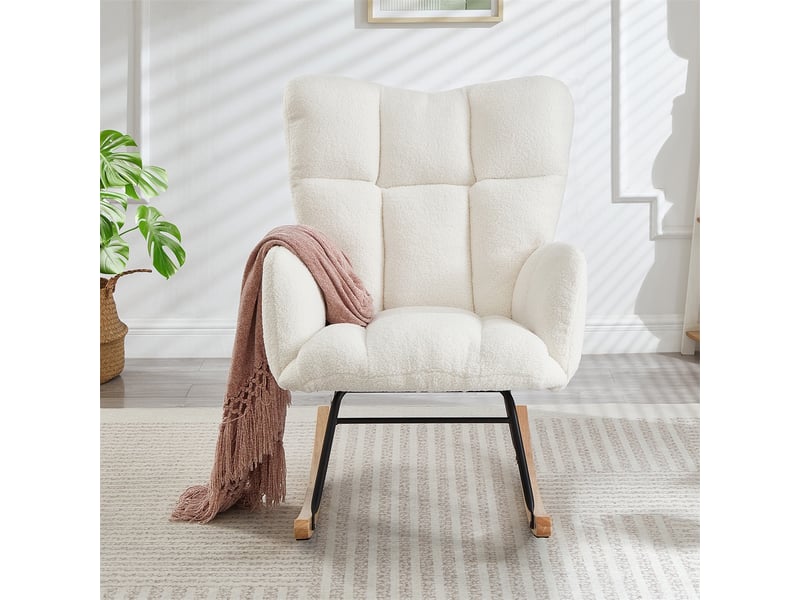  Fauteuil à bascule moderne - 69 x 89 x 101 cm - rocking chair scandinave avec pieds en bois et métal - blanc  - Conforama C
