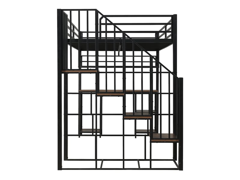  Lit mezzanine enfant 120x200 cm – noir et noyer foncé – bureau, étagère, escalier avec rampes - sans matelas  - Conforama D