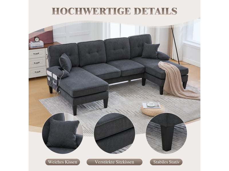  Canapé d’angle en tissu lin gris foncé, 4 places, 250 cm, panoramique, avec rangement W2845S00304 - Conforama C