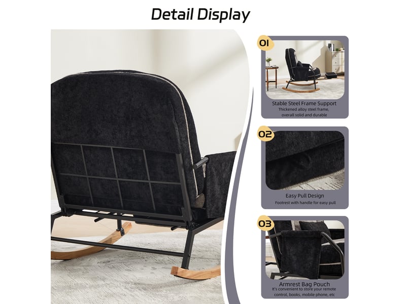  Fauteuil à bascule surdimensionné pour patio avec repos-pieds, poche latérale, coussin rembourré, dossier réglable, noir et gris  - Conforama E