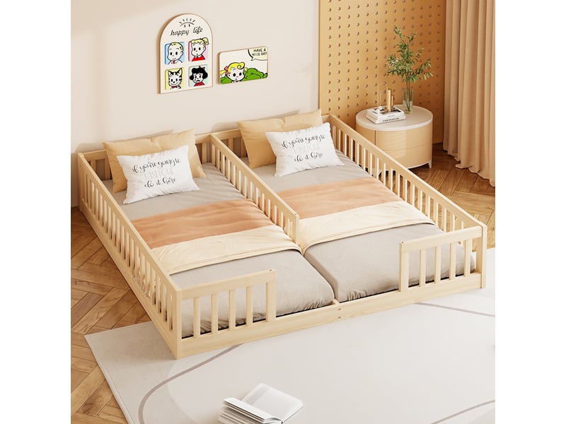  Lit enfant 90x200 avec barrières de sécurité et sommier à lattes, design minimaliste pour chambre enfant, bois de pin massif, sans matelas, naturel BUYDEEMEUS - Conforama D
