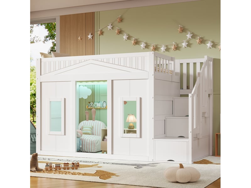 Lit mezzanine 90 × 200 cm avec escalier à 3 rangements, garde-corps, fenêtre et éclairage intégré, blanc - Conforama D