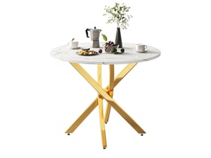Table à manger ronde 80x80x75 cm, plateau aspect marbré, design épuré minimaliste, panneau de fibres blanc et doré