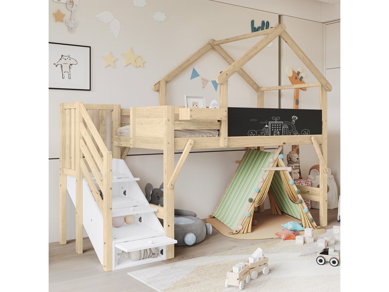  Lit mezzanine enfant 90x200 cm, lit cabane avec escalier de rangement, ardoise à dessin, en bois de pin et mdf, naturel  - Conforama C