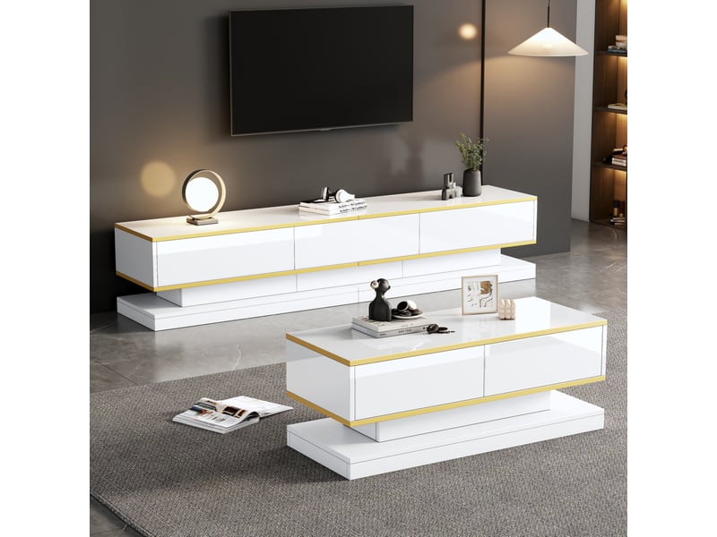  Ensemble meuble tv 200x40x40 cm et table basse 100x50x38 cm, 5 tiroirs, panneaux de particules, blanc chaud et doré  - Conforama B