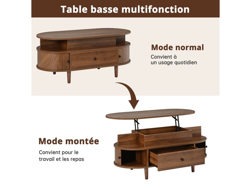  Table basse ovale avec plateau relevable, mdf noyer, tiroir et portes coulissantes  - Conforama R