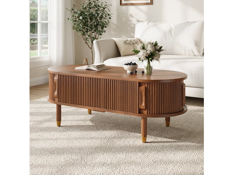 Table basse ovale 110x48x57 cm, plateau relevable, porte coulissante, rangement, mdf pieds bois d’hévéa, noyer  - Conforama D