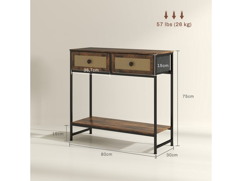  Console en rotin avec étagère ouverte et 2 tiroirs frontaux, 80 x 30 x 75 cm, couleur marron rustique  - Conforama E