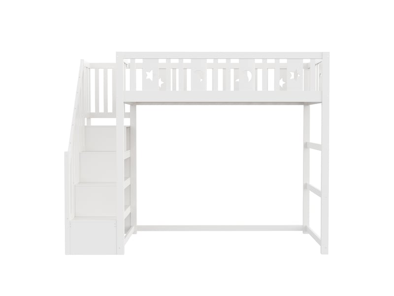  Lit superposé enfant avec escalier, bois massif blanc, 90x200 cm, barrières et déco étoiles-lune  - Conforama A