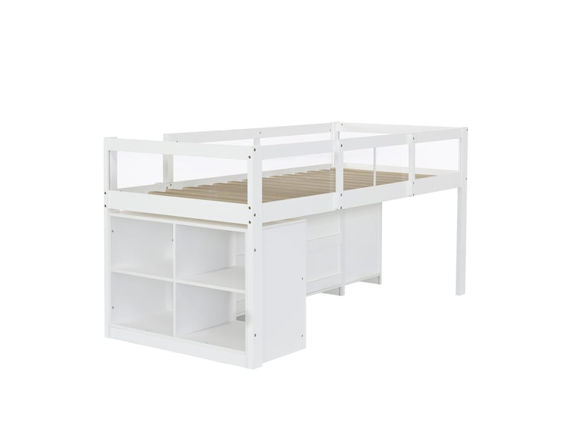  Lit surélevé enfant 90x200 cm blanc bois et mdf, 3 tiroirs, rangements ouverts et protection acrylique  - Conforama D