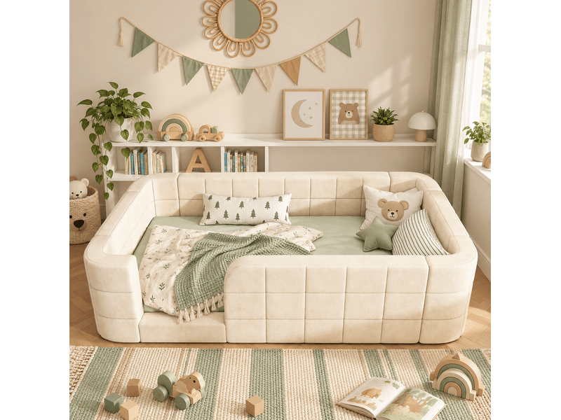  Lit enfant 90 × 190 cm avec barrière de protection rembourrée, entrée basse et sommier à lattes, en chenille beige  - Conforama B