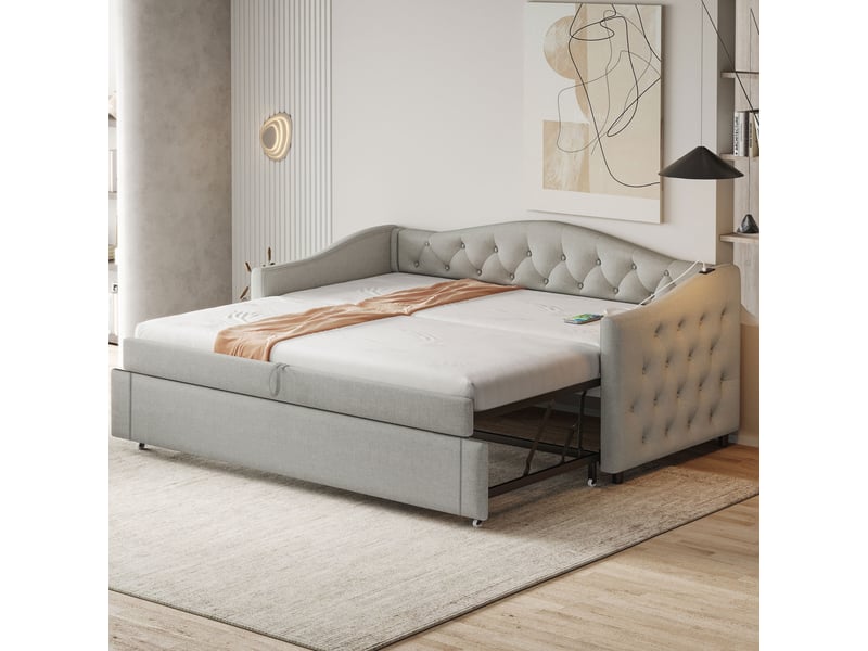  Lit rembourré 90x200 cm avec port usb, canapé-lit en lin, lit simple capitonné et sommier à lattes, gris  - Conforama C