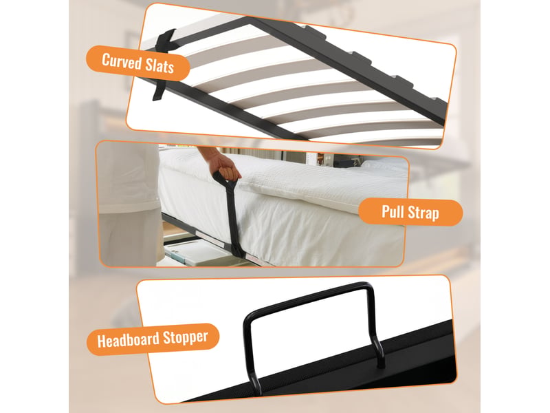  Lit coffre simple 90x200 cm, port usb-c, style moderne, porte-gobelet, rangements intégrés, lin beige, sans matelas  - Conforama E