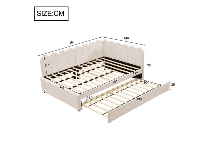  Lit banquette gigogne 140 x 200 cm, couchage gigogne, dossier en pétales, dossier en l, sommier à lattes, pour la chambre, velours, beige ABC - Conforama C