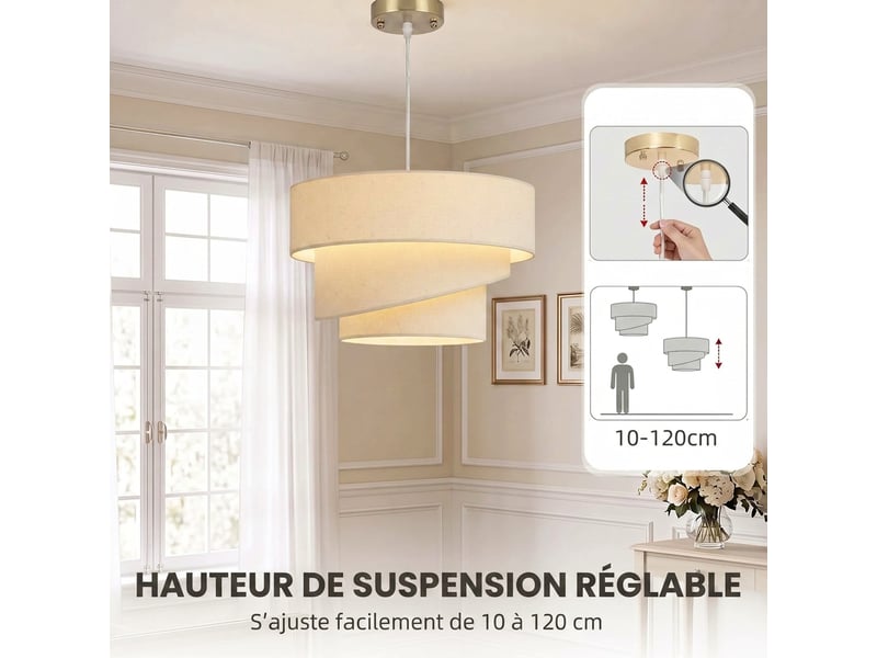  Suspension luminaire à 3 abat-jour effet lin, ampoule non incluse e14 40 w, câble réglable, rosace dorée, beige  - Conforama R