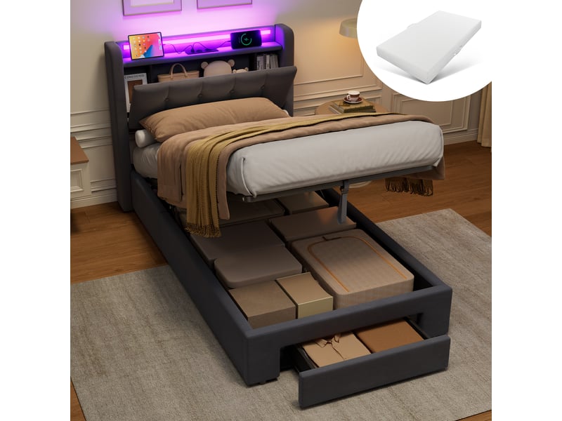  Lit coffre 90x190 cm gris en velours avec coffre hydraulique, tiroirs, led et ports usb  - Conforama E