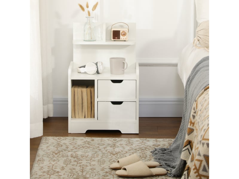  Table de chevet table de nuit multi-rangement 2 tiroirs étagère niche en bois blanc  - Conforama W