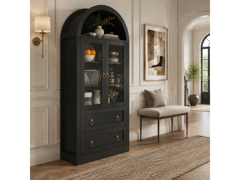  Vitrine avec portes vitrées et 2 étagères réglables pour salon 80×36×170 cm en panneaux de particules noirs  - Conforama B