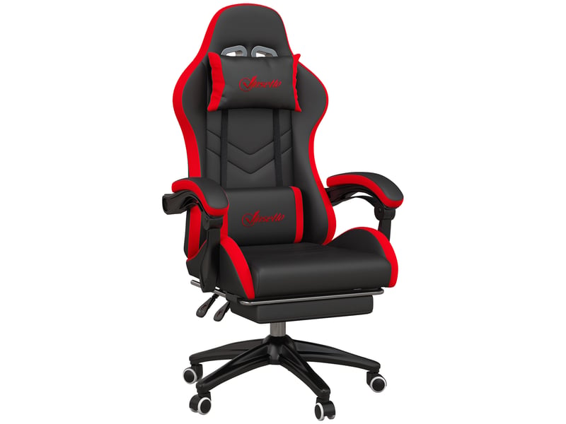  Fauteuil de jeu inclinable à 135° en similicuir avec appui-tête et repose-pieds, 65 x 65 x 121-129 cm, noir et rouge  - Conforama A
