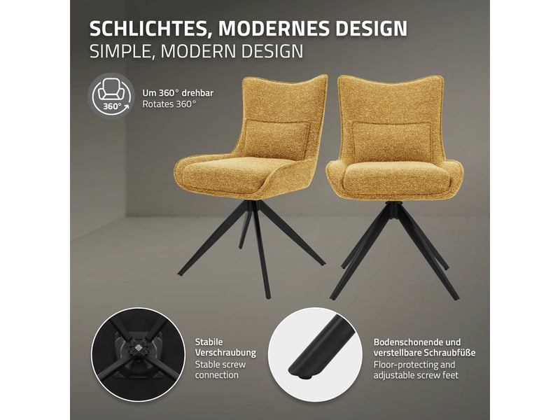  Ml-design lot de 2 chaises salle à manger pivotantes 360° en tissu bouclette moutarde, piètement étoile en acier, coussin lombaire intégré, siège rembourré confortable pour salon et cuisine, 120 kg  - Conforama C