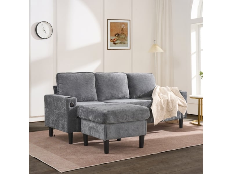 Canapé d’angle l 3 places avec porte-gobelets, usb type-c et poches latérales, 202 x 137 x 80 cm, tissu lin, gris - Conforama D