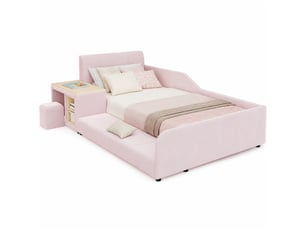 Lit enfant 90 × 200 cm avec bureau, tabouret et étagère, tête de lit rembourrée en velours rose pour chambre