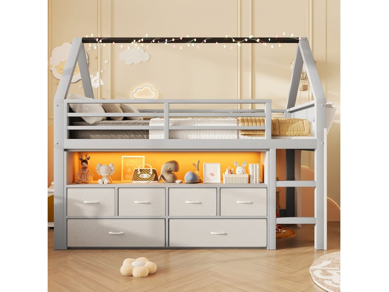  Lit mezzanine enfant 90x200 cm avec led, 6 tiroirs en tissu et rideau gris, sans matelas  - Conforama B
