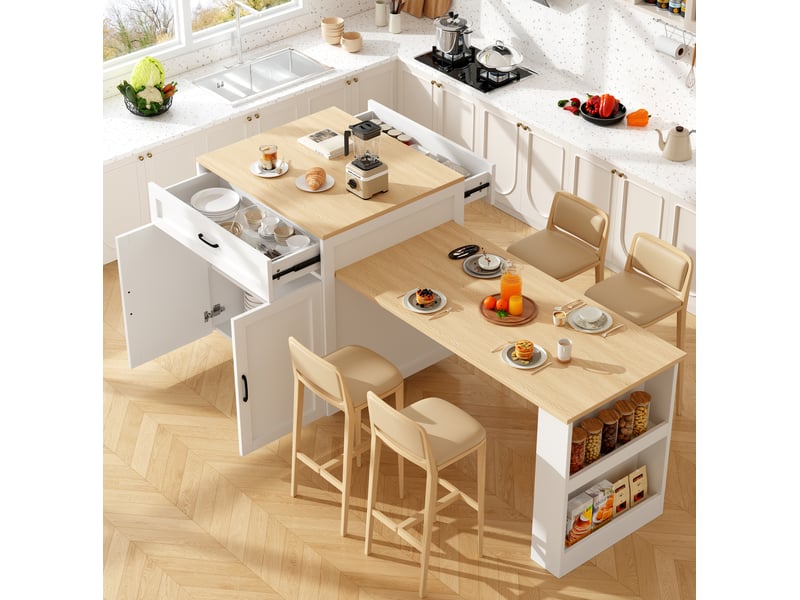  Îlot de cuisine extensible 133-202 x 70 cm avec rangements et roulettes, blanc  - Conforama E