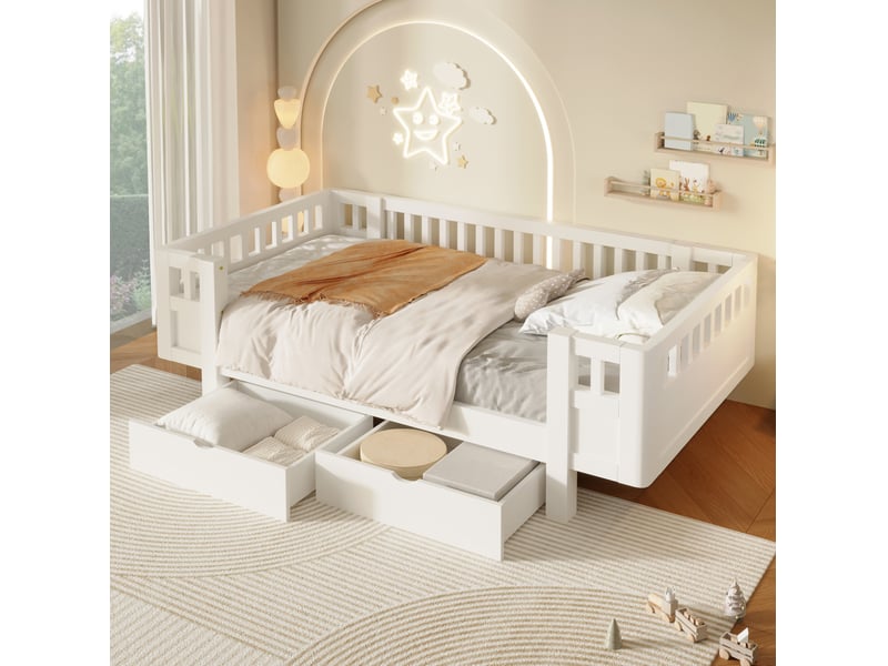  Lit enfant 90 x 200 cm blanc avec barrières hautes et 2 tiroirs de rangement  - Conforama B