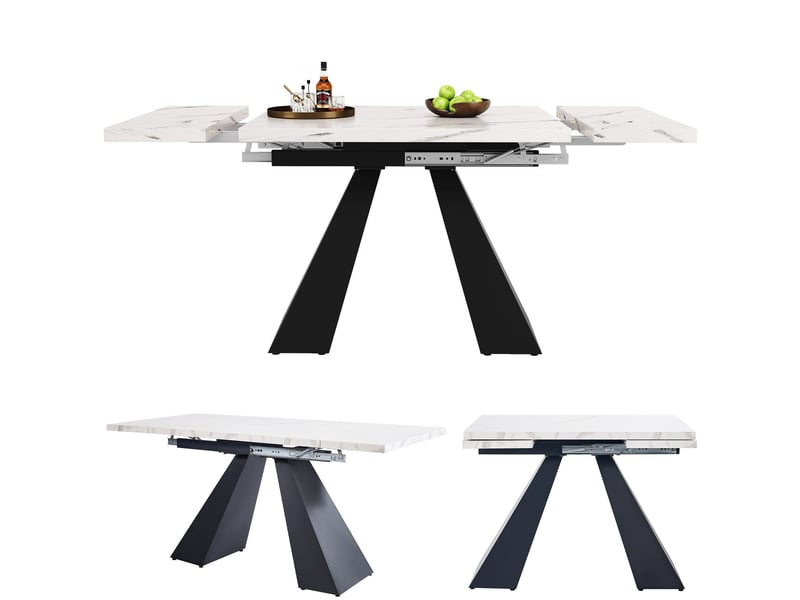 Table de cuisine 160x80, plateau laqué blanc élégant table à manger, système télescopique extensible, structure métal robuste - Conforama E