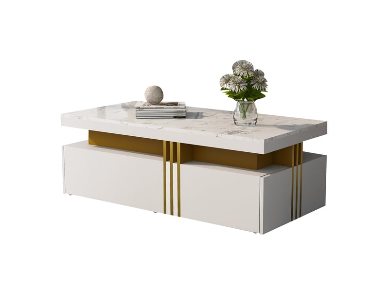  Ensemble meuble TV blanc, avec garniture dorée, comprenant une table basse et un support TV  - Conforama E
