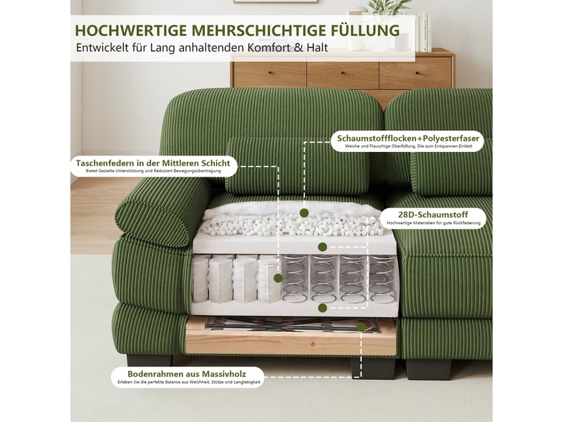 Canapé d'angle modulable 2 places en velours côtelé vert, avec pouf, assise profonde, coussin lombaire, 194×161×94 cm - Conforama W