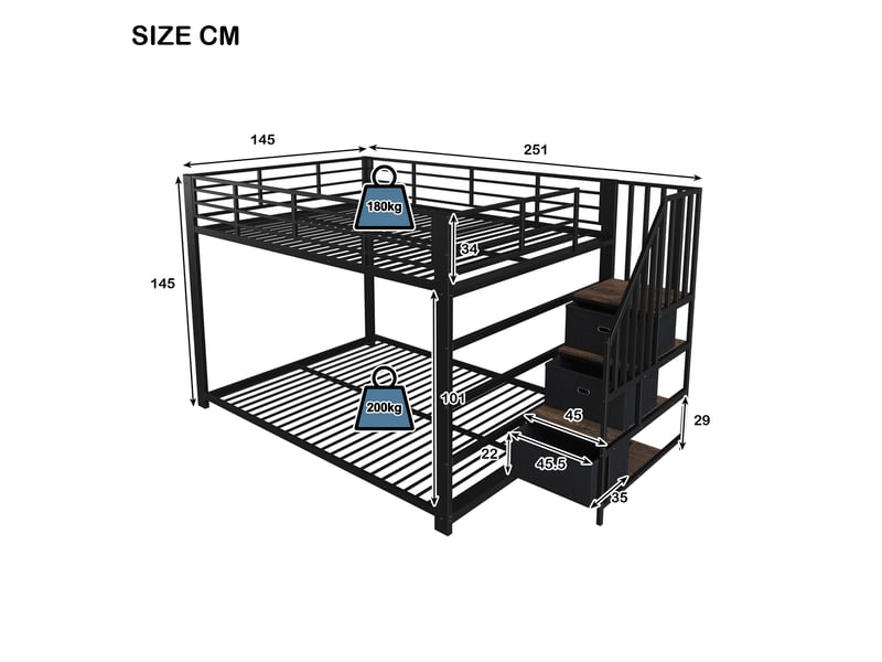  Lit superposé adulte 140x200 cm avec escalier en mdf et métal couleur noir sans matelas, design industriel  - Conforama C