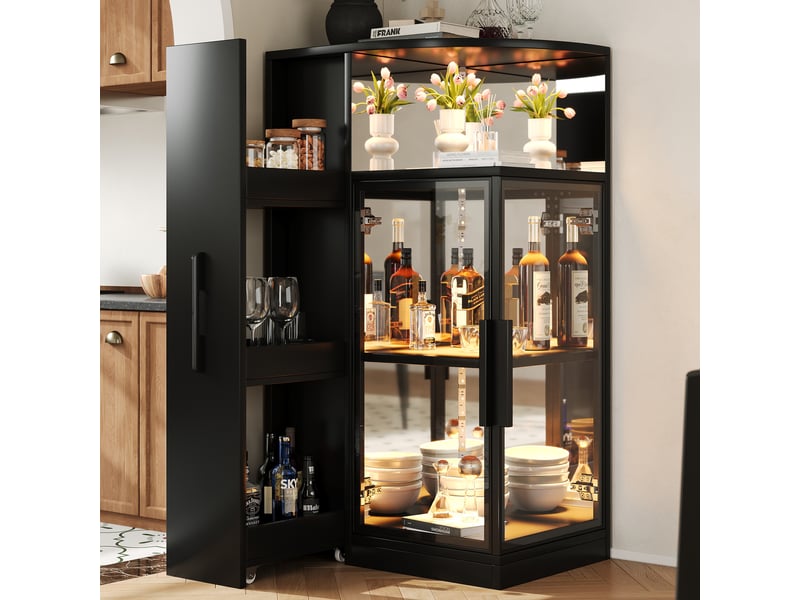  Vitrine 64x42x112 cm avec led multicolore, verre trempé double face, meuble latéral coulissant, effet miroir, meuble noir pour salon et cuisine  - Conforama B
