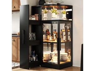 Vitrine 64x42x112 cm avec led multicolore, verre trempé double face, meuble latéral coulissant, effet miroir, meuble noir pour salon et cuisine