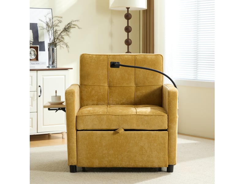  Fauteuil convertible avec dossier 5 positions, rangements et tablette, en chenille jaune moutarde, 167 × 79 × 83 cm  - Conforama C