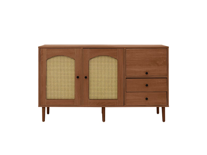  Buffet style campagne avec portes en rotin, 130 x 75,5 x 40 cm, étagères réglables, fermeture magnétique  - Conforama A