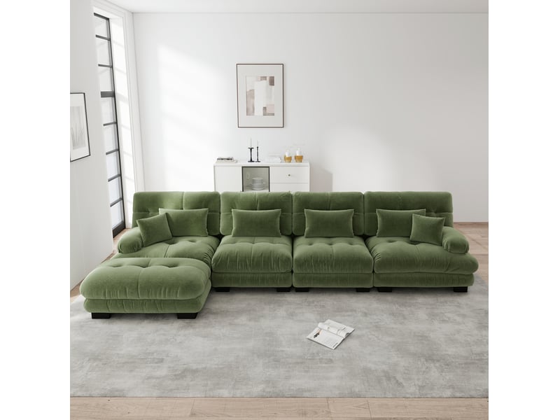  Canapé d'angle ulevr modulable 4 places avec ottomans mobiles, chenille vintage verte, 406 x 145 x 81 cm  - Conforama B