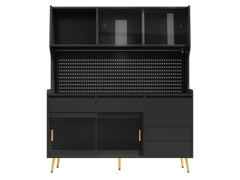  Meuble haut led moderne avec contrôle par app - placard de cuisine ou buffet, noir, tiroirs, rangement, panneau perforé  - Conforama A