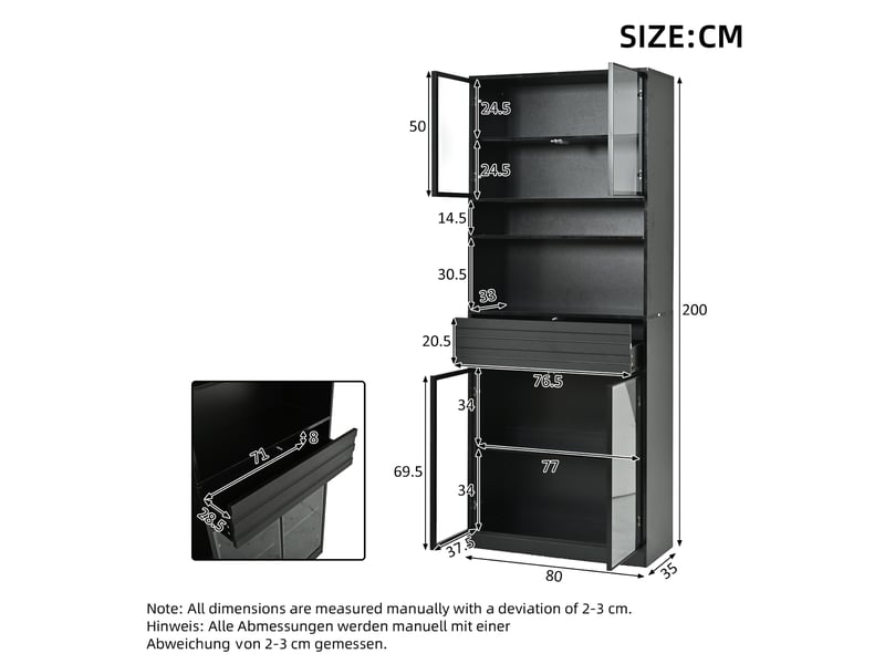 Vitrine noire mdf 80x35x200 cm, meuble à 4 portes en verre et 1 tiroir, rangement moderne pour salon - Conforama C