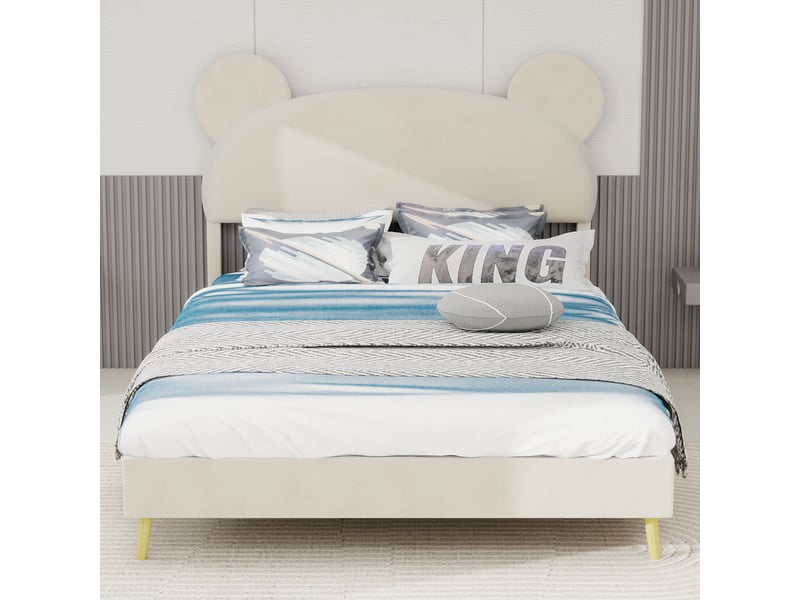  Lit enfant 140x200 cm avec tête cartoon, tissu et métal, beige, sans matelas  - Conforama W