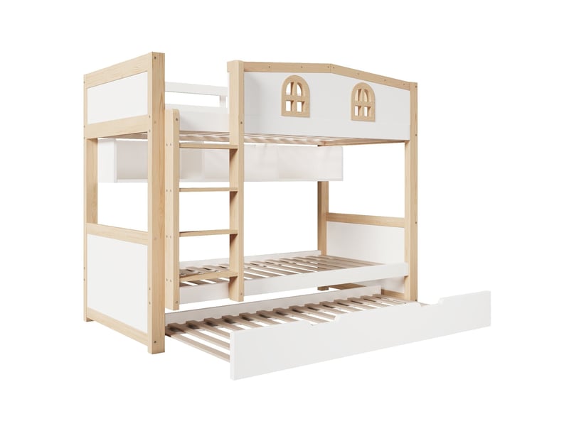  Lit superposé 90 x 200 cm, avec lit gigogne, compartiments de rangement et tableau amovible, matériau en bois, blanc  - Conforama E