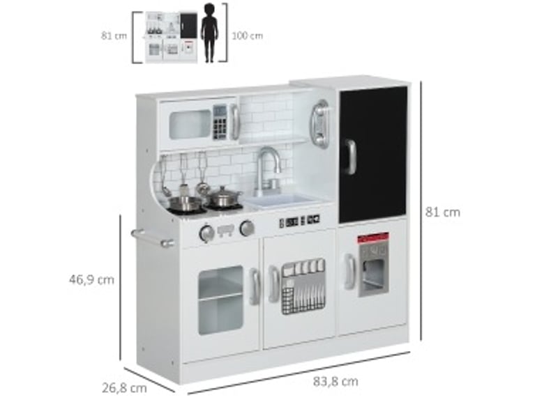 Cuisine jouet pour enfants 83.8x26.8x81 cm avec téléphone, tableau noir, micro-ondes, cuisinière, évier, accessoires, mdf, blanche - Conforama E