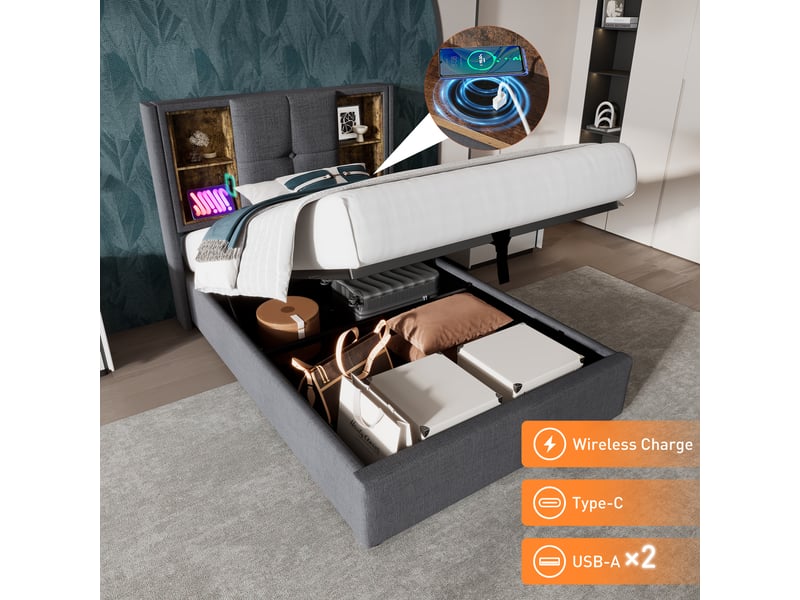  Lit simple 90x200 cm avec usb-c, lit enfant avec sommier à lattes en bois, lit 1 personne avec matelas, gris  - Conforama C
